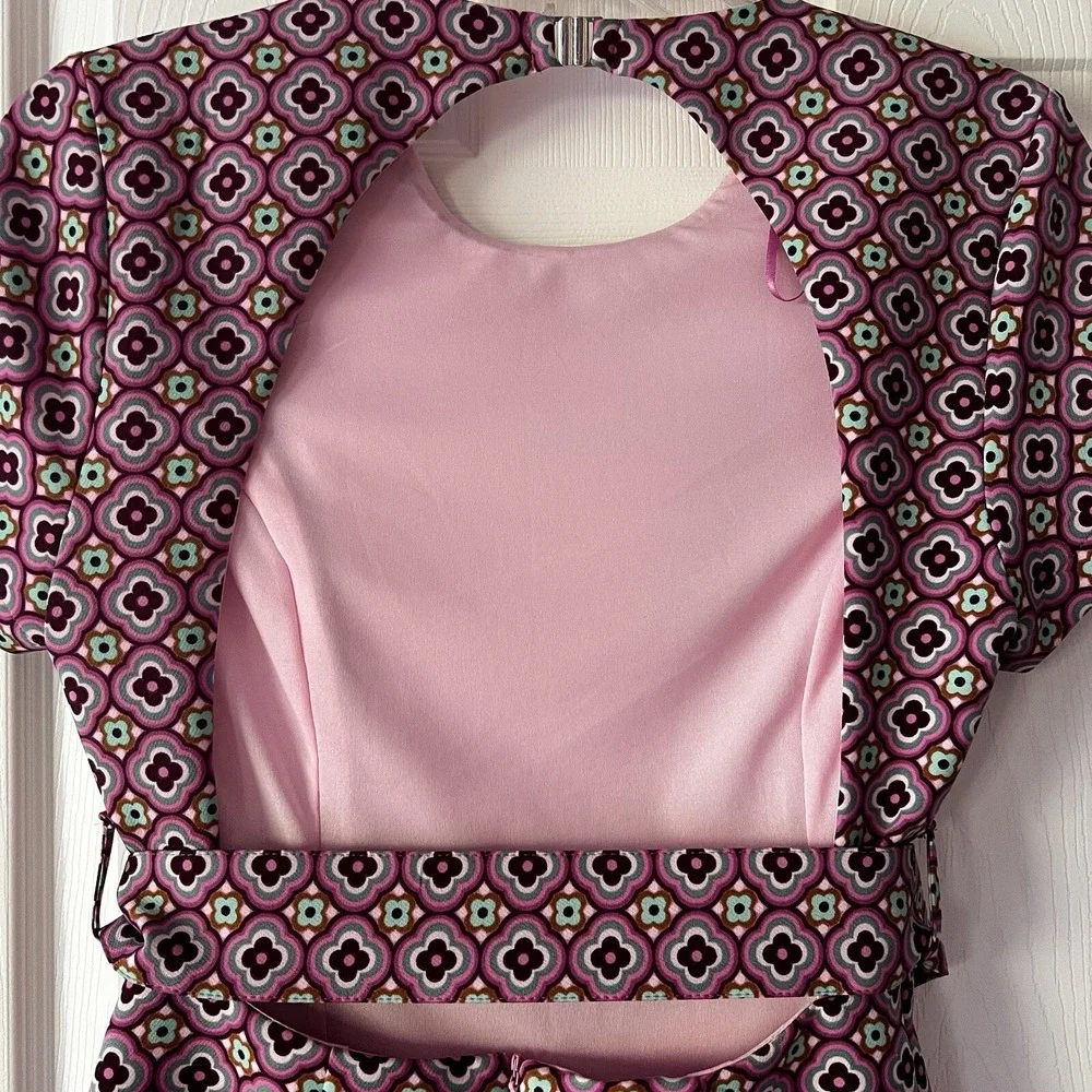 Zara Retro Print Open Back Mini Dress Pink Size Med preppy 70s mod belted barbie - Picture 7 of 16